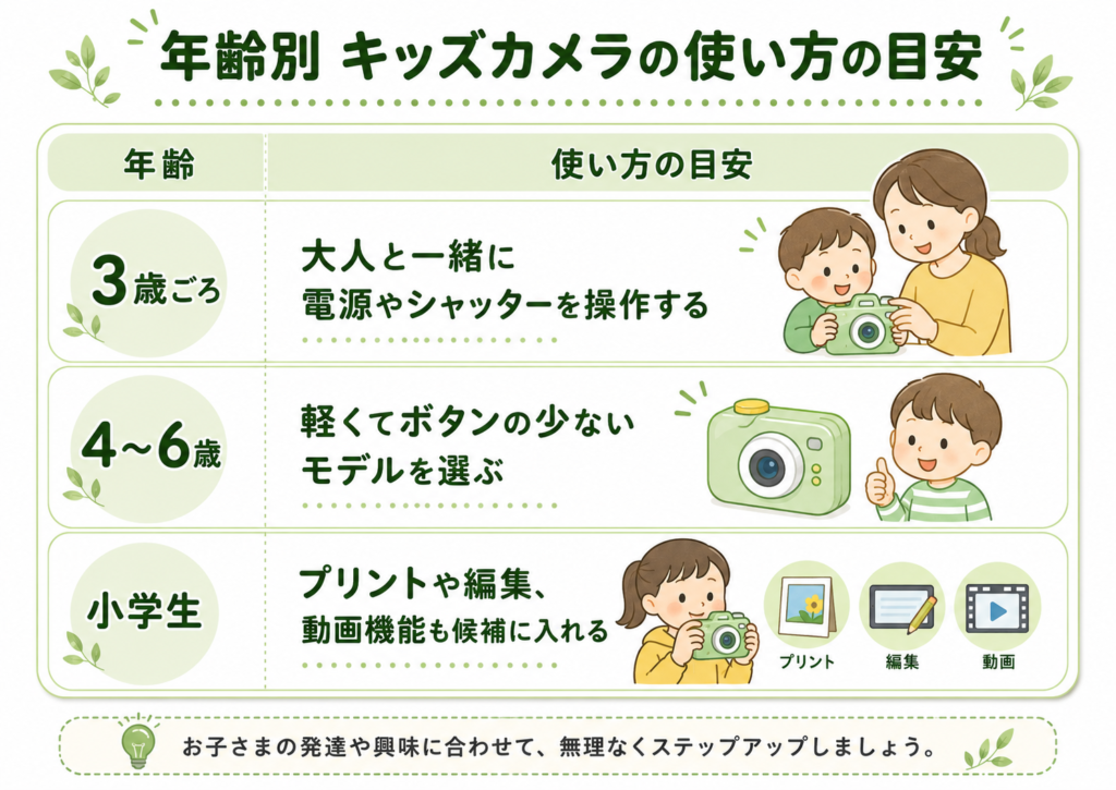 3歳ごろ・4～6歳・小学生に分けたキッズカメラの使い方の目安