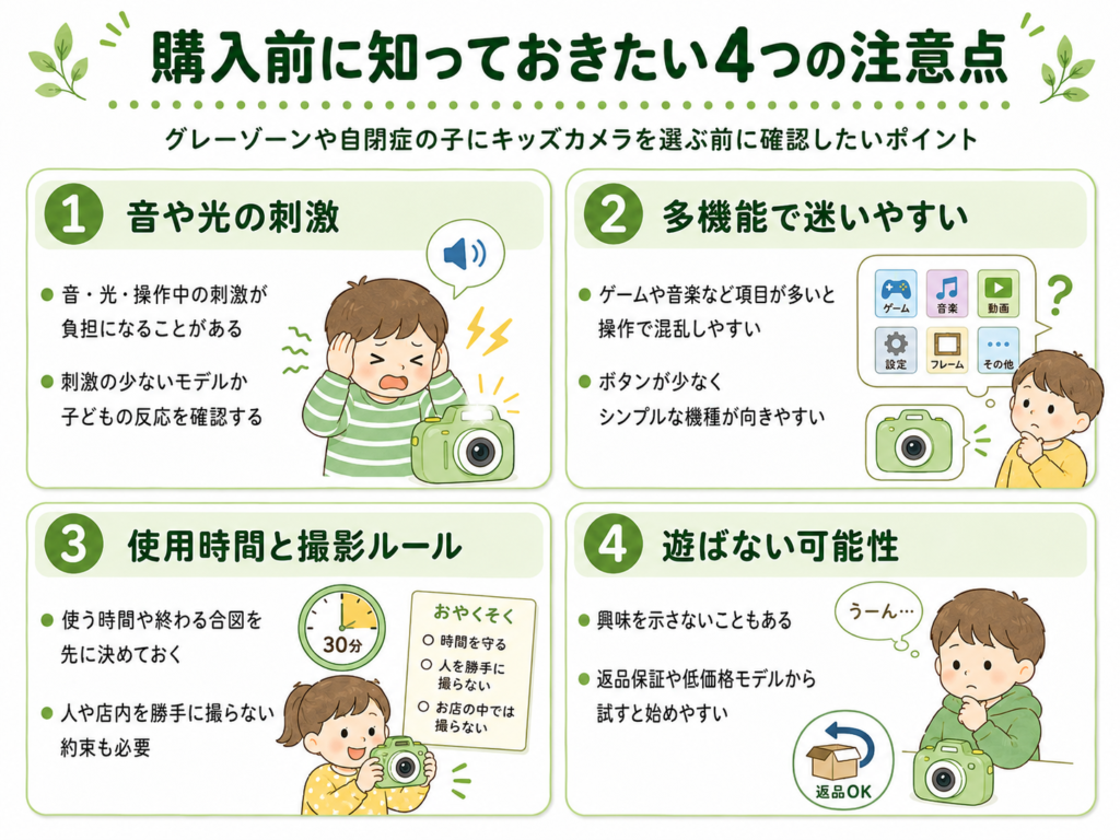音や光の刺激、多機能による迷いやすさ、撮影ルール、遊ばない可能性の4つの注意点