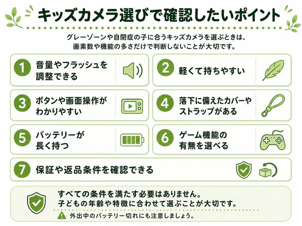 音量やフラッシュ、操作性、ストラップ、バッテリー、保証などキッズカメラ選びの7つの確認ポイント