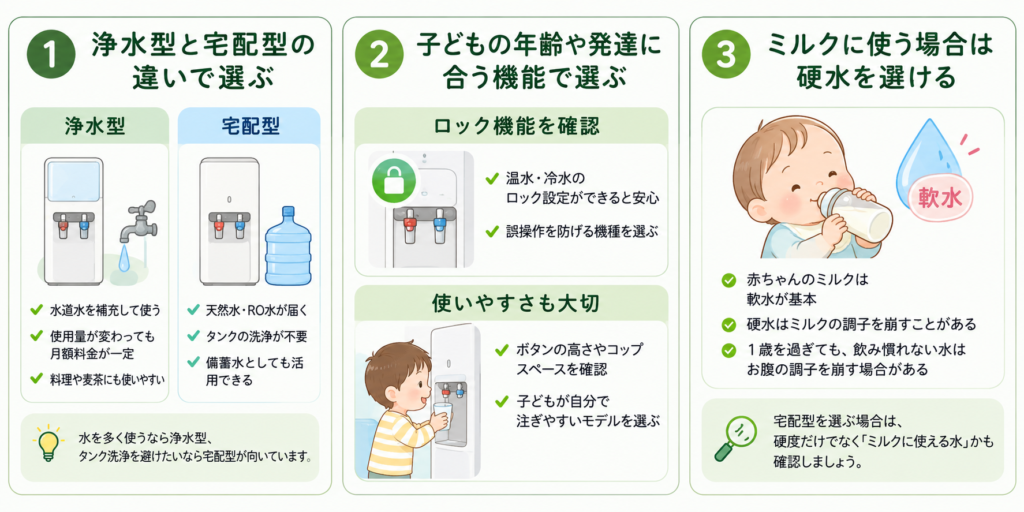 子育て家庭に合うウォーターサーバーを比較する様子