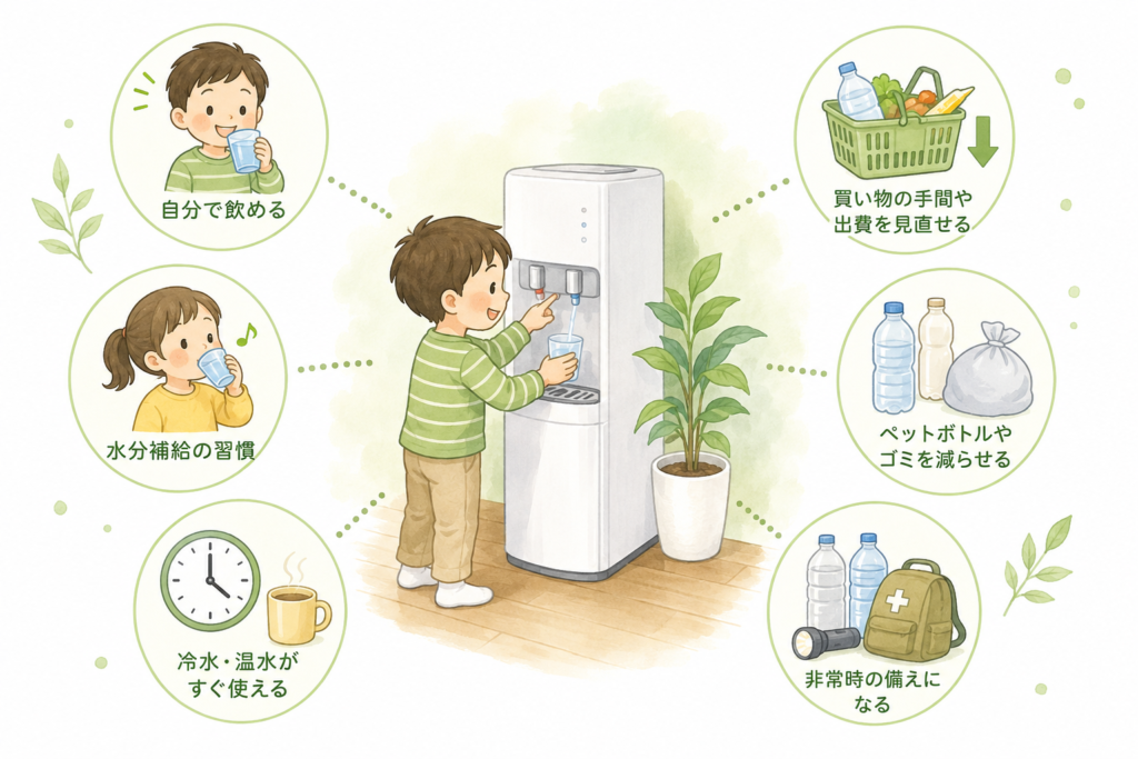 ウォーターサーバーから自分で水をくむ子ども